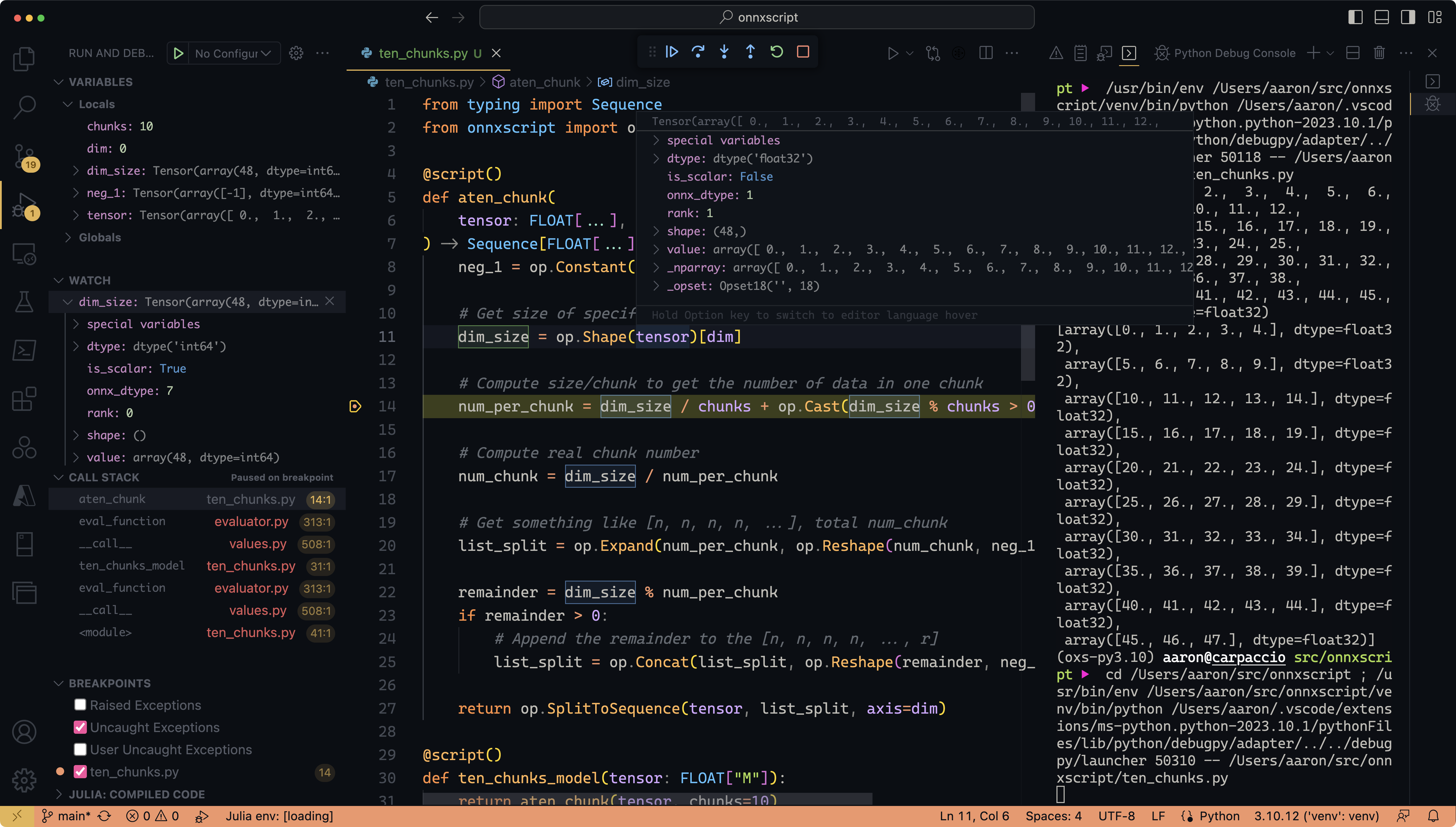 Screenshot of Visual Studio Code debugging ONNX Script