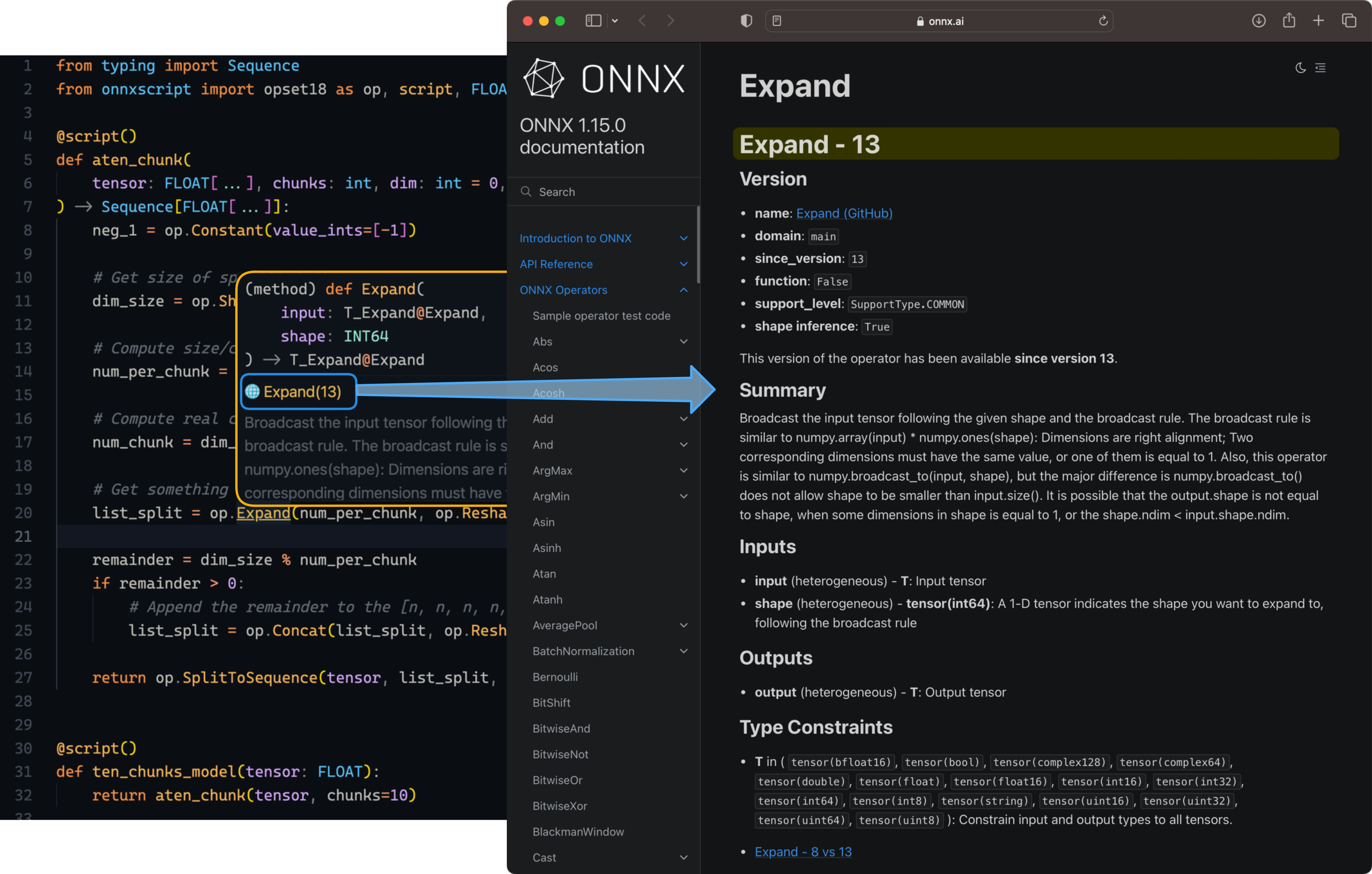 Screenshot of Visual Studio Code IntelliSense for ONNX Script